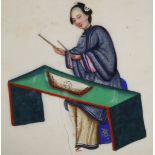 A set of 5 Chinese export pith paintings, each depicting a seated beauty playing a musical