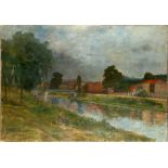Early 20th century French school, a man sitting by a river, oil on canvas, unframed, 65 x 92cm