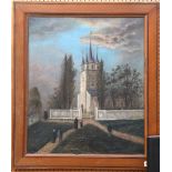 19th century French school, The church of Pont-Sur-Yonne, burgundy, oil on canvas, framed 62.5 x