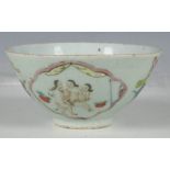 A Chinese late Qing erotic bowl, with celadon glaze decorated in famille rose colours with 2 panels,