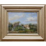 Follower of Eugene Joseph Verboeckhoven, oil on panel, sheep in a pastoral landscape, gilt framed,