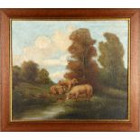 19th century, probably French school, a study of sheep in a landscape, oil on canvas, framed, 45 x