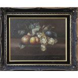Flemish School, 20th century, oil on panel still life study of fruit on a ledge, contained in a