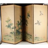 3 Chinese 4 panelled screens, each decorated with screen images of birds and flowers, 90 x 170cm (
