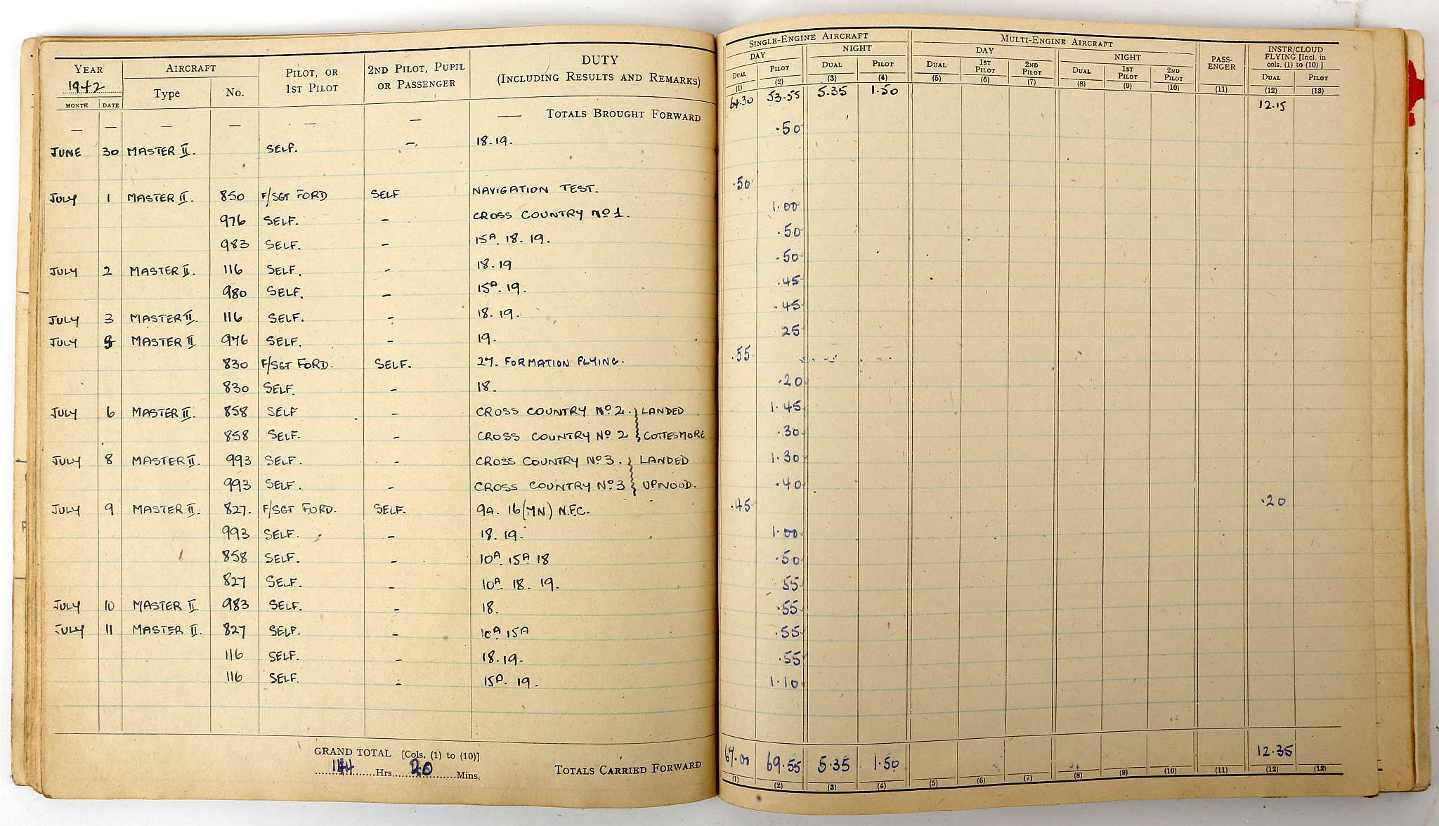 WWII – SPITFIRE LOG an original log of pilot R C Boucher 1942/3 covering his period of training both - Image 2 of 2