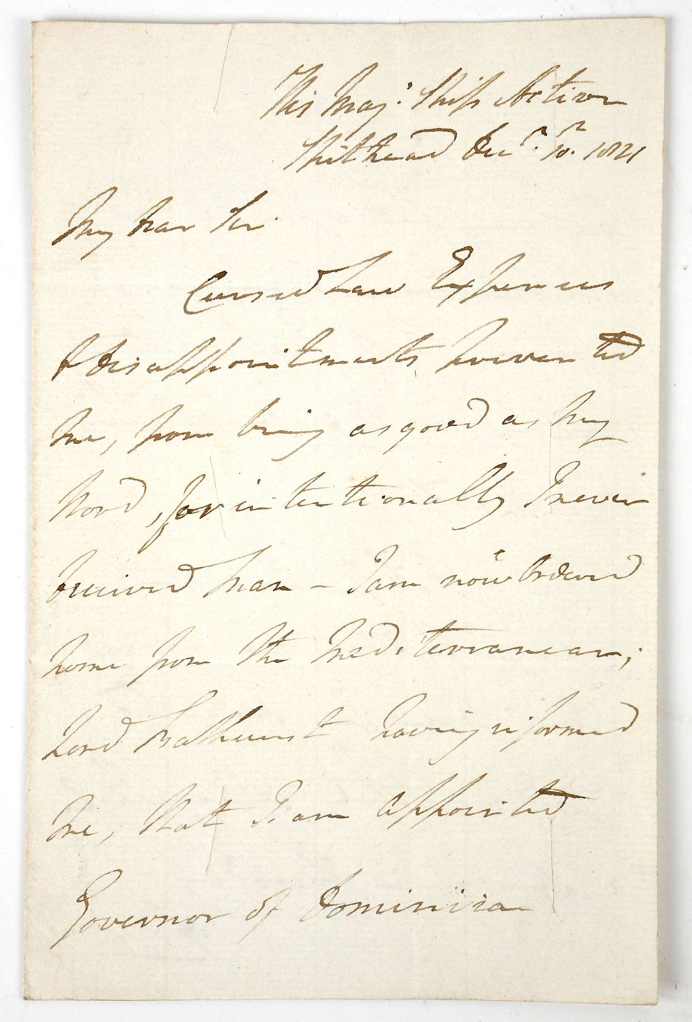 WEST INDIES –DOMINICA – LORD HUNTINGDON autographed letter signed dated Spithead December 19th 1821: