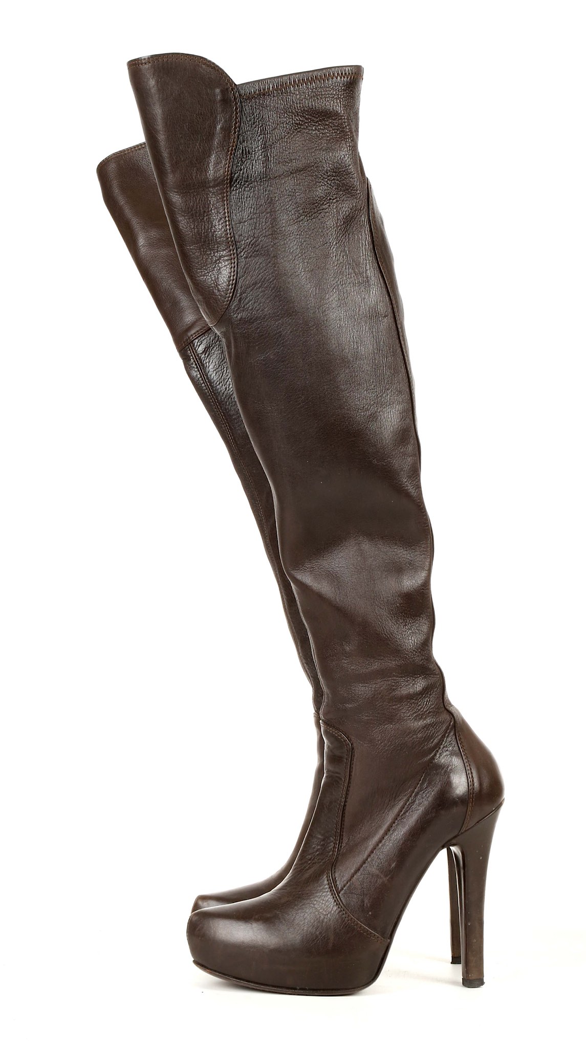 GUCCI THIGH HIGH BLACK LEATHER BOOTS, stiletto heel, size 38, and a pair of brown Casadei boots - Image 7 of 8