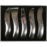 A contemporary cased set of stainless steel cheese knives and forks