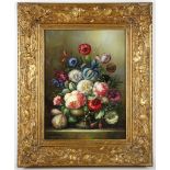 A pair of still life floral paintings in swept gilt frames, oil on board, indistinctly signed, 39