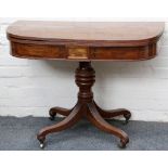 A William IV mahogany card table, 'D' top ebon inlay, reeded edge, later burgundy felt, turned stem,