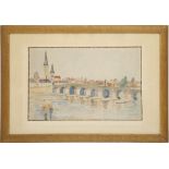 E. Favre, French School, 20th century, continental landscape with bridge, watercolour, signed and