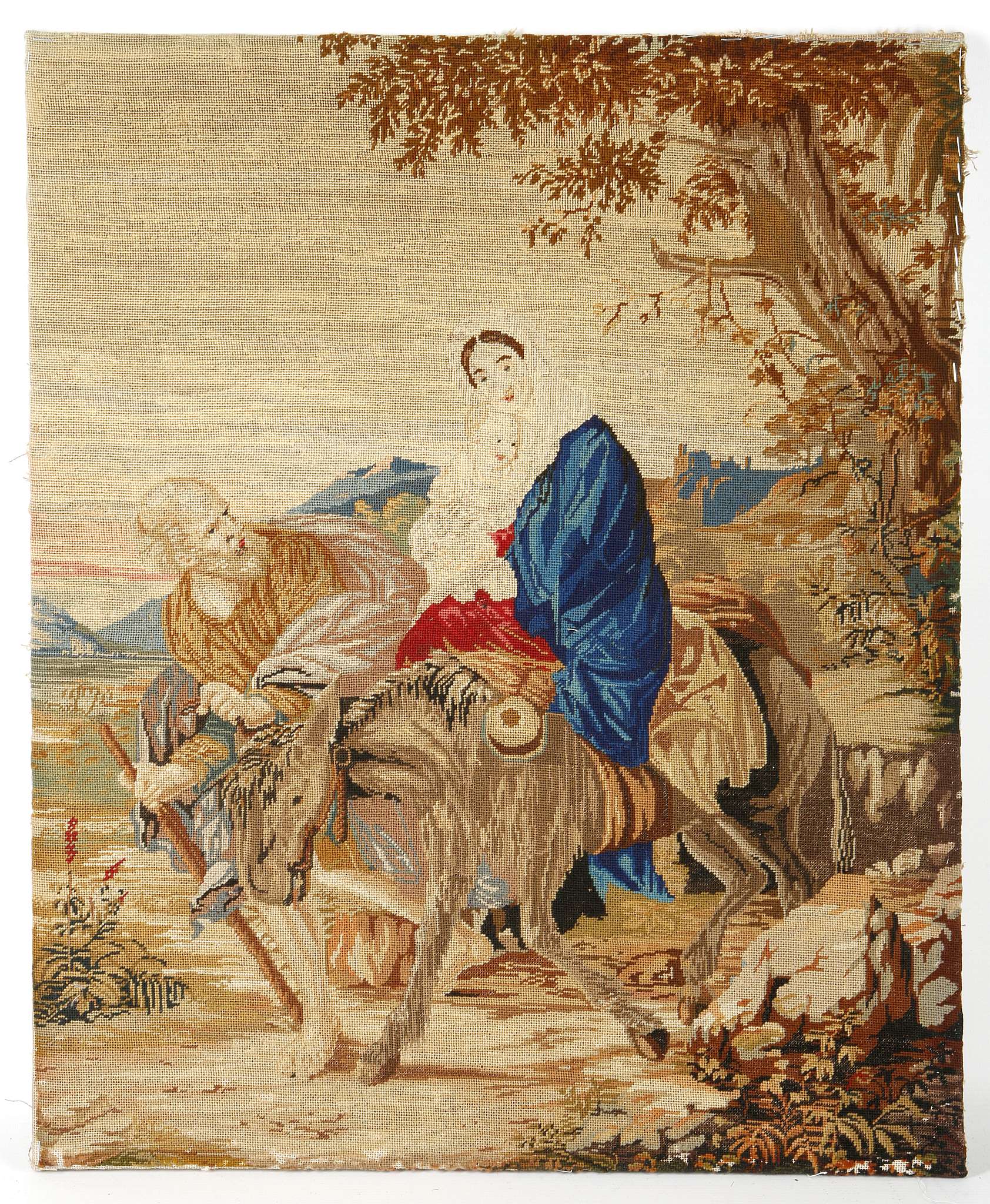 An early 19th century woolwork picture of 'Sarahat the Well', silk background, set in a swept gilt - Image 5 of 8