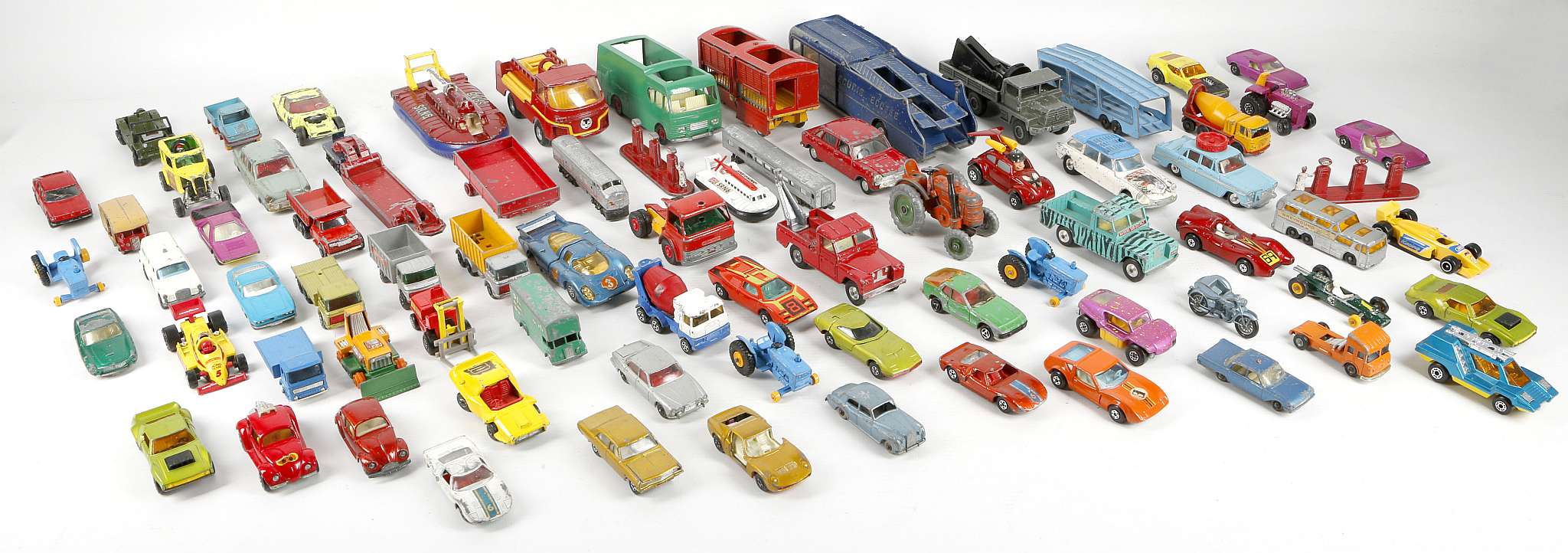 Vintage play worn toy cars; Matchbox, Corgi, Dinky etc, including Austin A.60, Spot On, Hillman,