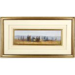 A studio framed oil painting, Victorian beach scene with figures, 12 x 48cm