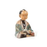 A Japanese early 20th century nodding figure, terracotta head, glazed kimono and clothing, exposed