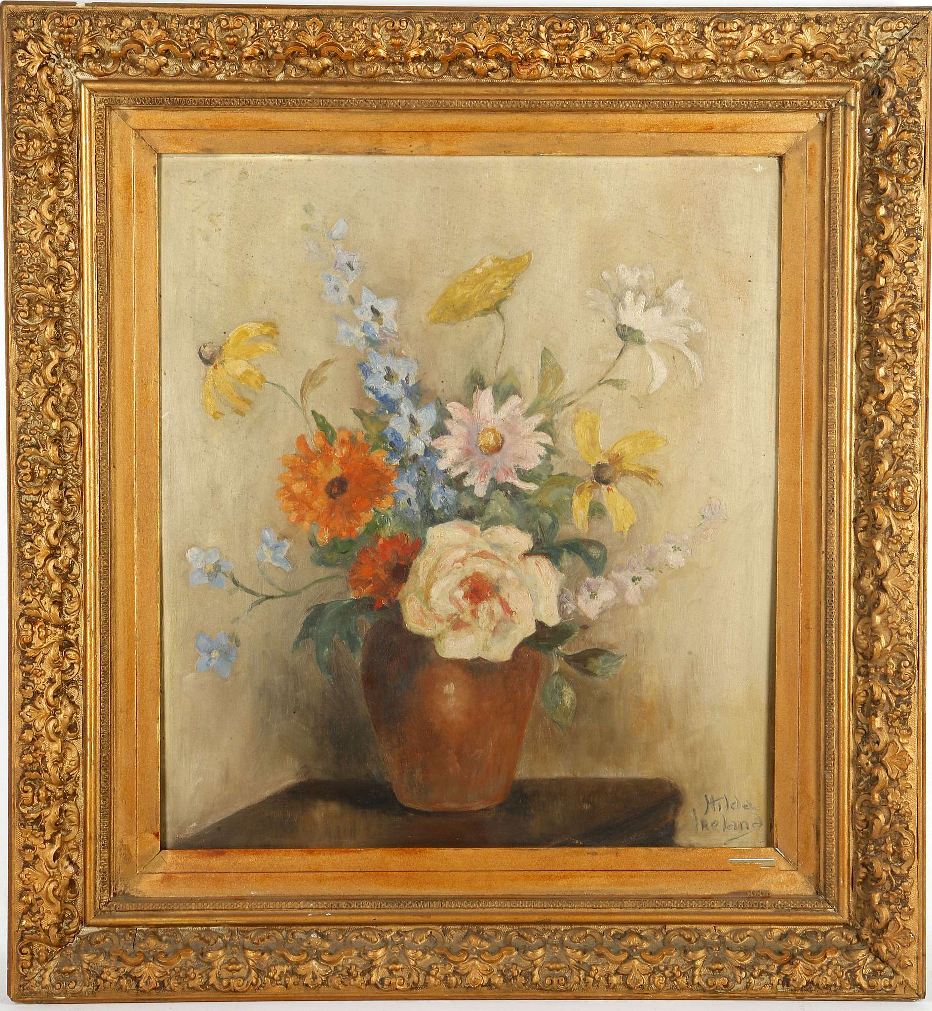 Hilda Ireland (1900-?), two oils on canvas and board, both still lives of flowers in a vase, - Image 4 of 6