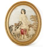 A collection of 4 Victorian woolwork pictures to include a mahogany framed lady in parlour, gilt