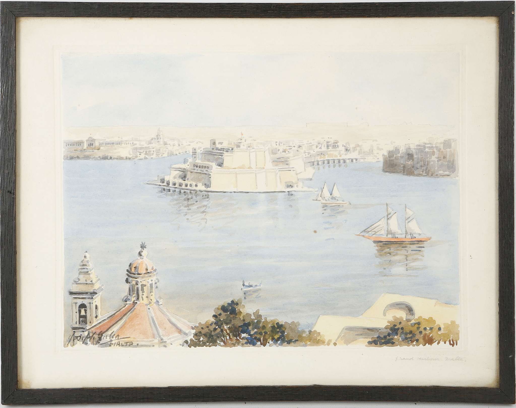 Galia, three 20th century Maltese view watercolours of Medina and the Grand Harbour, all signee to - Image 5 of 6