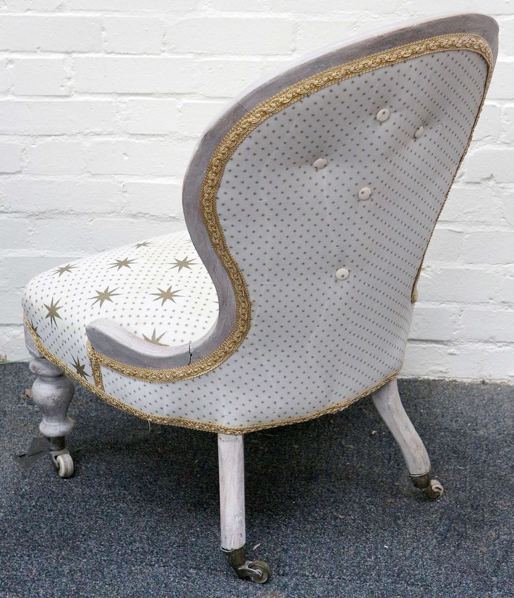 A shabby chic limed spoonback chair, contemporary gilt star upholstery - Image 2 of 2