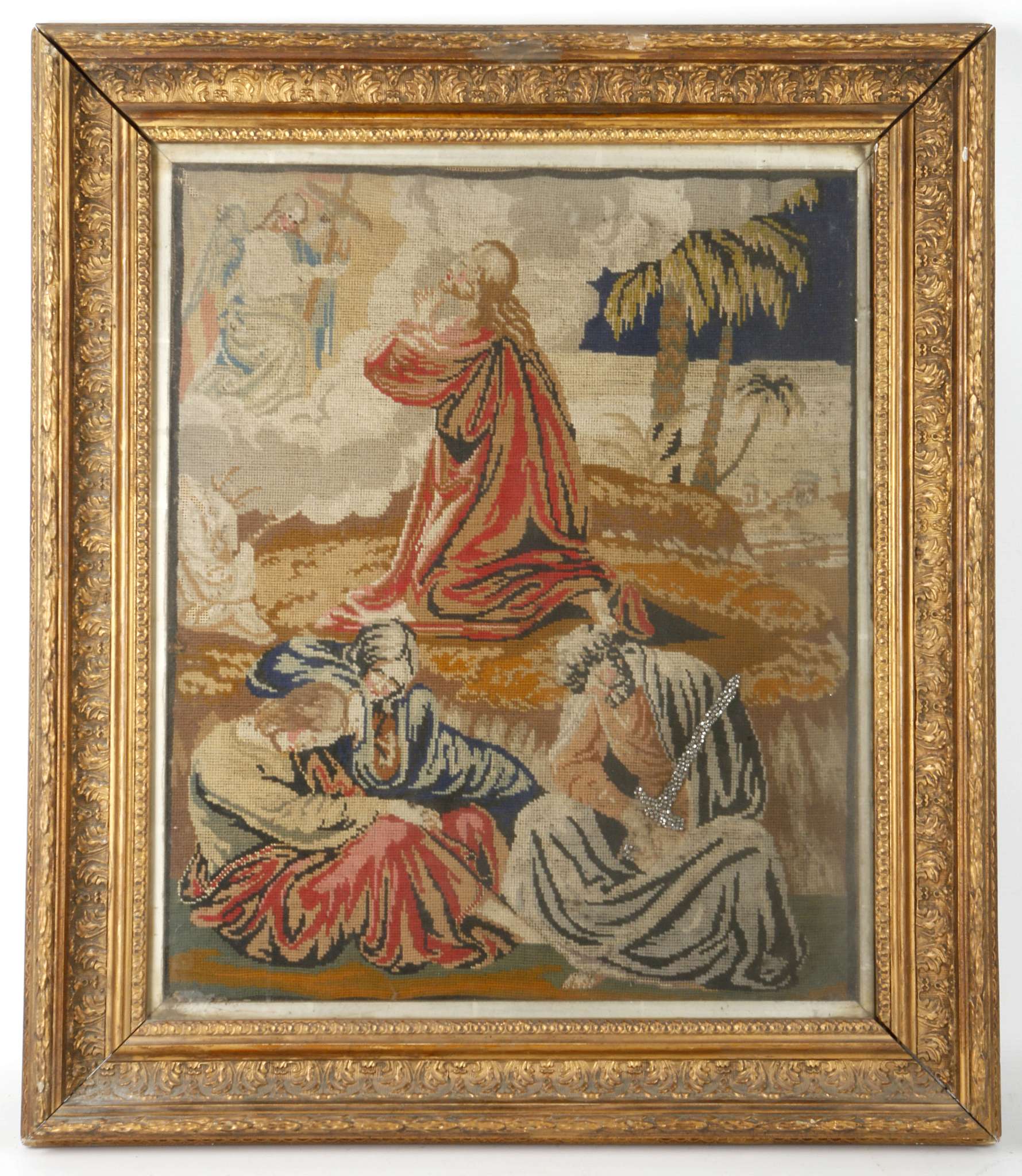 An early 19th century woolwork picture of 'Sarahat the Well', silk background, set in a swept gilt - Image 3 of 8