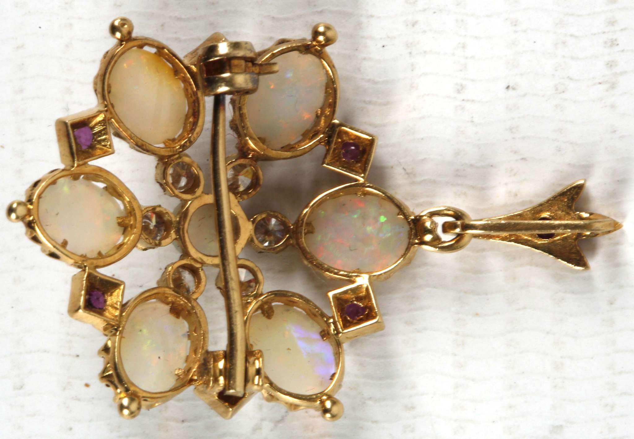 An antique opal, diamond and ruby pendant set in high carat gold - Image 2 of 2