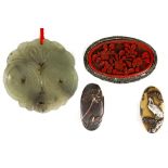 A CHINESE CIRCULAR JADE PENDANT, TWO JAPANESE FUCHI SWORD FITTINGS AND A LACQUER BROOCH.  Late