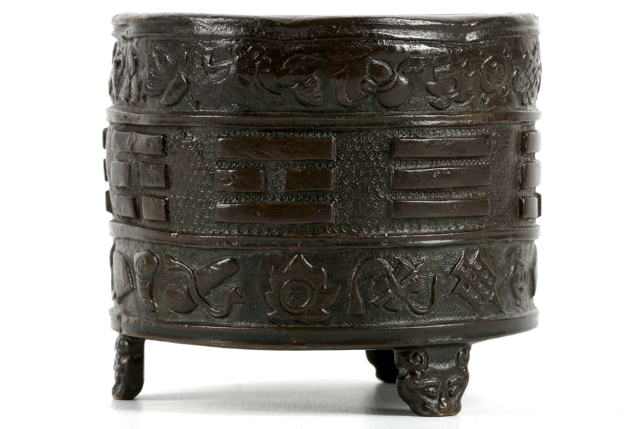 A CHINESE BRONZE CYLINDRICAL BAGUA CENSER. Ming Dynasty, 17th Century. Of spherical form, with a