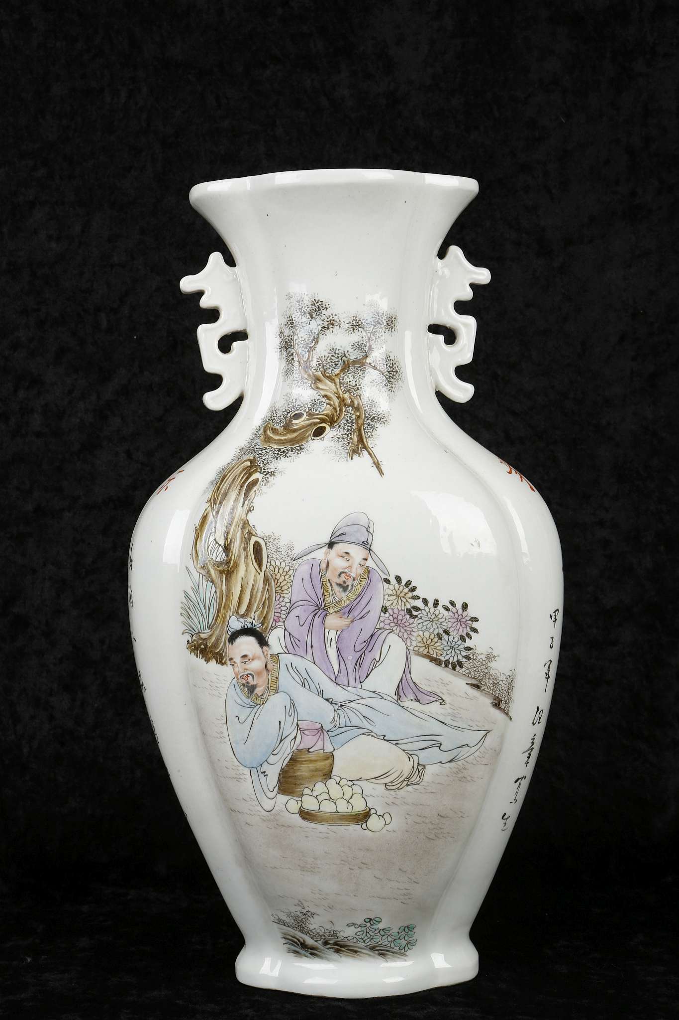 A CHINESE DOUBLE EARED VASE.  Republican era.  Of compressed lobed form, with two scenes of scholars - Image 2 of 7