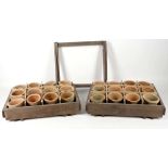 A collection of twenty-four terracotta seedling plant pots, each twelve in a fruitwood frame on a