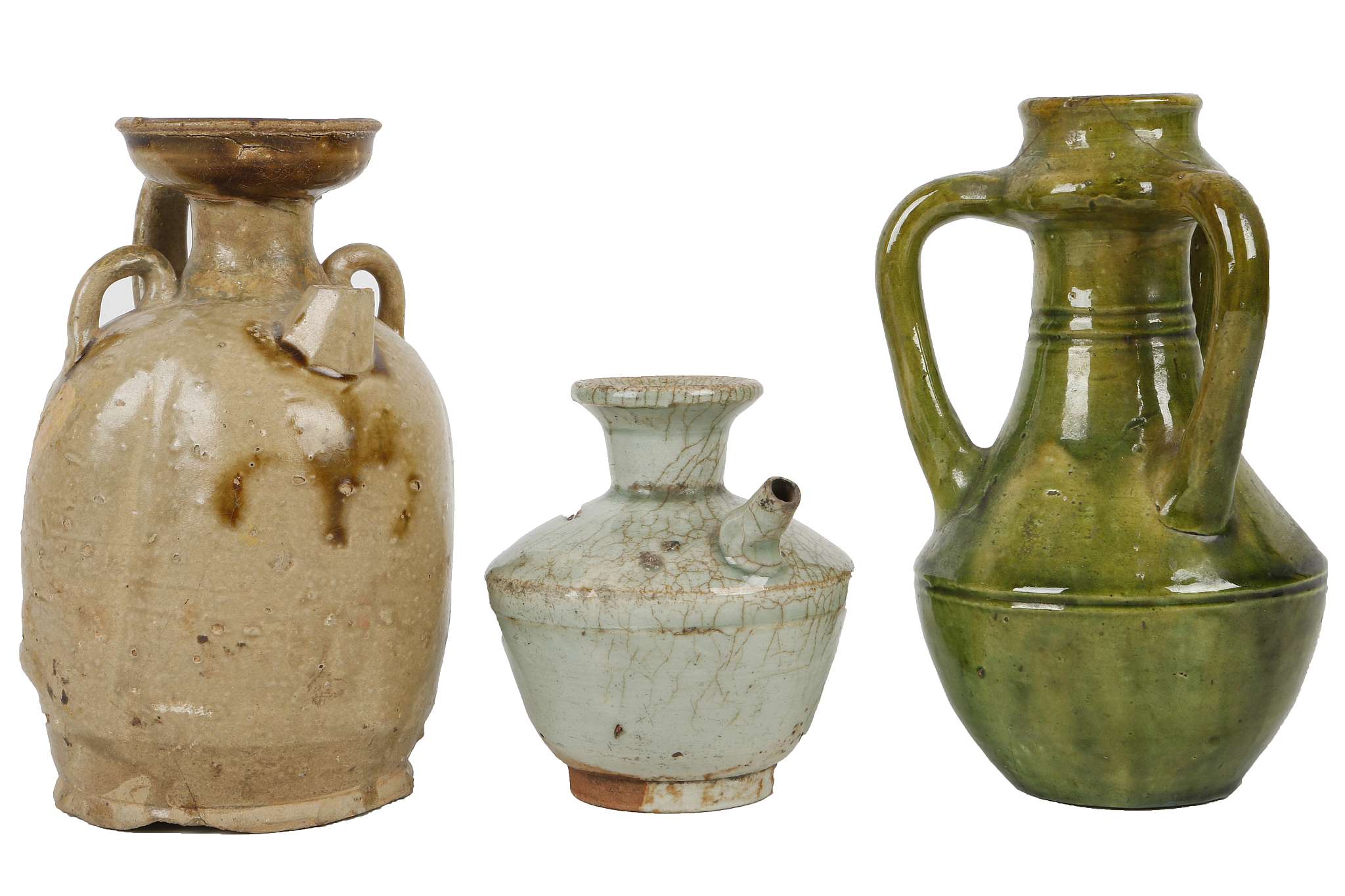 THREE CHINESE GLAZED STONEWARE CERAMICS. Tang Dynasty or later. Comprising an olive green glazed