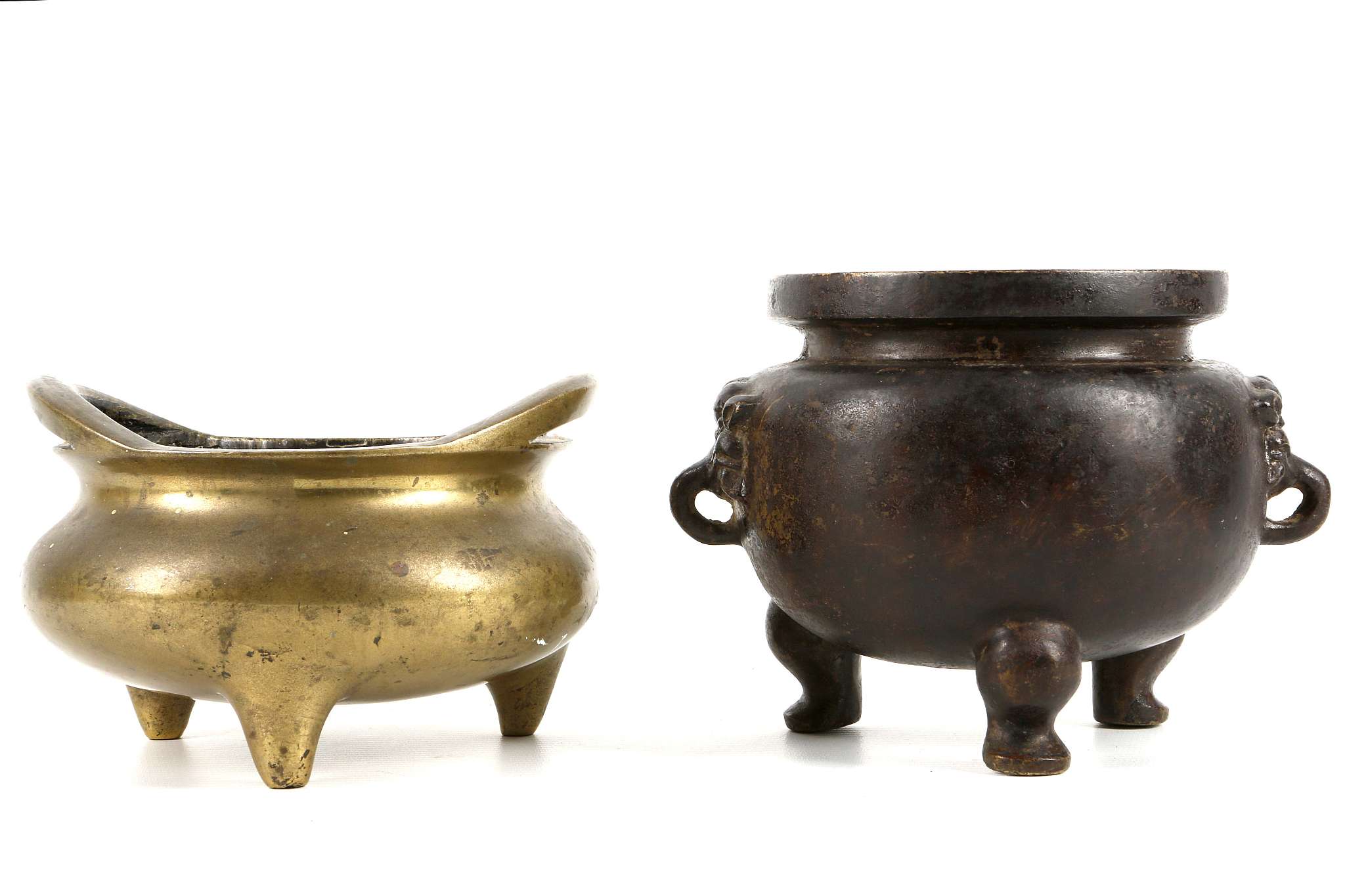 TWO CHINESE BRONZE CENSERS. Late Qing. Comprising a loop handled bronze with Xuande mark, together