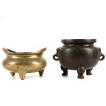 TWO CHINESE BRONZE CENSERS. Late Qing. Comprising a loop handled bronze with Xuande mark, together