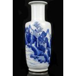 A CHINESE BLUE AND WHITE ROULEAU VASE.  Kangxi.  Finely painted around the body with a continuous
