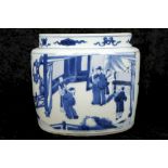 A CHINESE BLUE AND WHITE JARDINIÈRE.  Kangxi.  Painted with panels of narrative scenes from Hong Lou