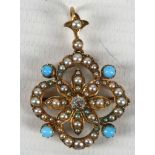 A turquoise Turk diamond and pear antique pendant in gold