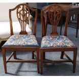 A pair of 19th century side chairs, scroll decorated balloon splat, tapering box legs, later