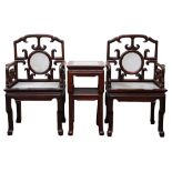 A PAIR OF MARBLE INSET CHINESE HARDWOOD CHAIRS WITH MATCHING JARDINÈRE STAND. Late 19th / early 20th