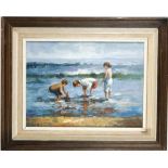 An oil painting of children with toy yacht sailing on the shoreline, oil, 29 x 40.5cm