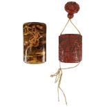 TWO JAPANESE INRO. A four-case cinnabar lacquer inro of rounded rectangular form carved in relief