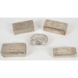 A collection of five silver snuff boxes, comprising a continental oval box with repousse decoration,