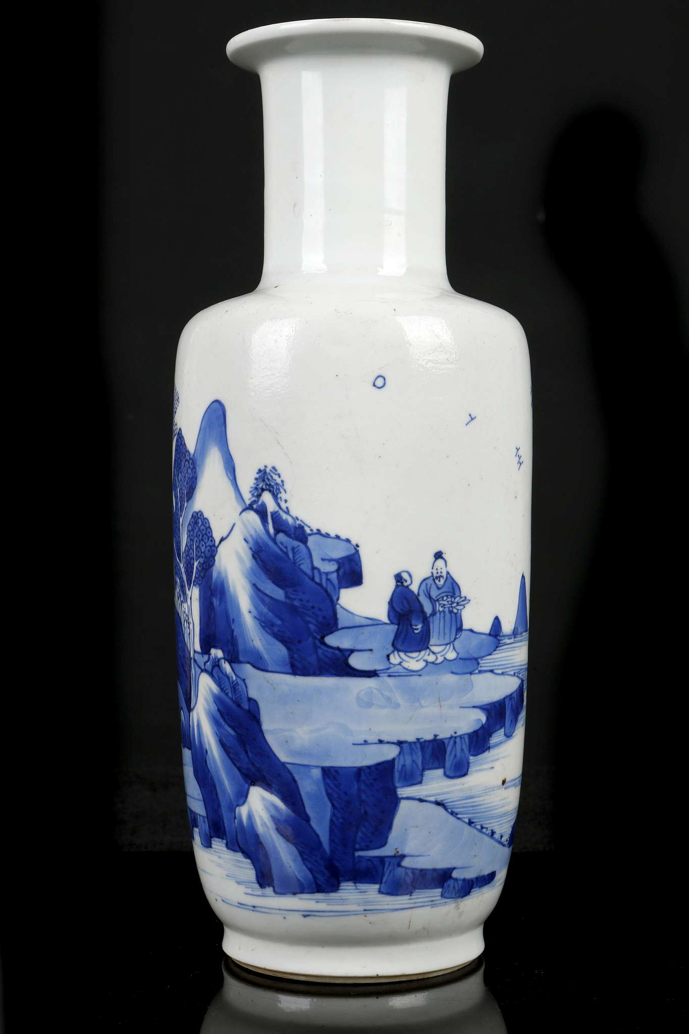 A CHINESE BLUE AND WHITE ROULEAU VASE.  Kangxi.  Finely painted around the body with a continuous - Image 2 of 6