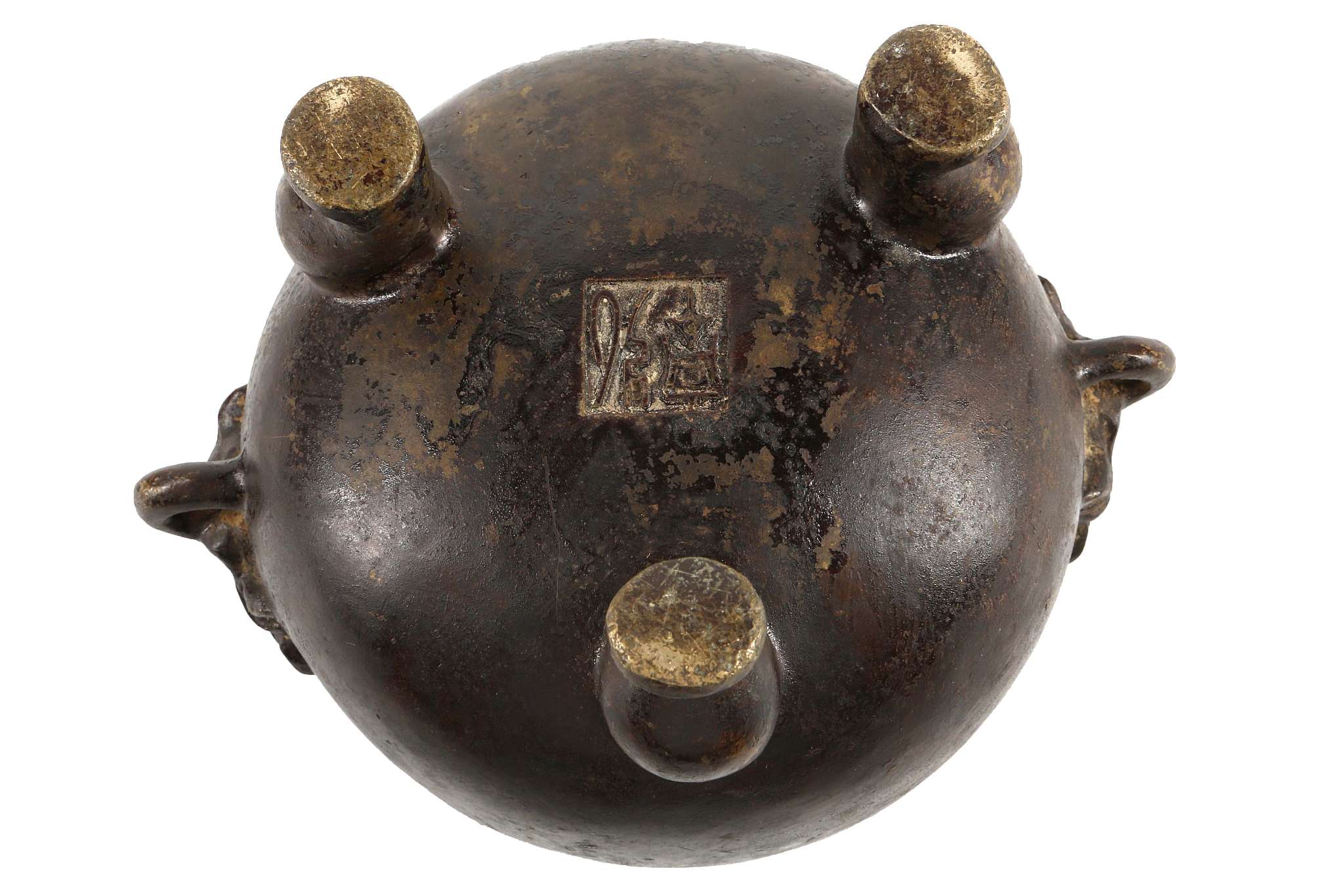 TWO CHINESE BRONZE CENSERS. Late Qing. Comprising a loop handled bronze with Xuande mark, together - Image 4 of 12