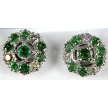 A pair of white gold, green dermantoid garnet and diamond cluster earrings