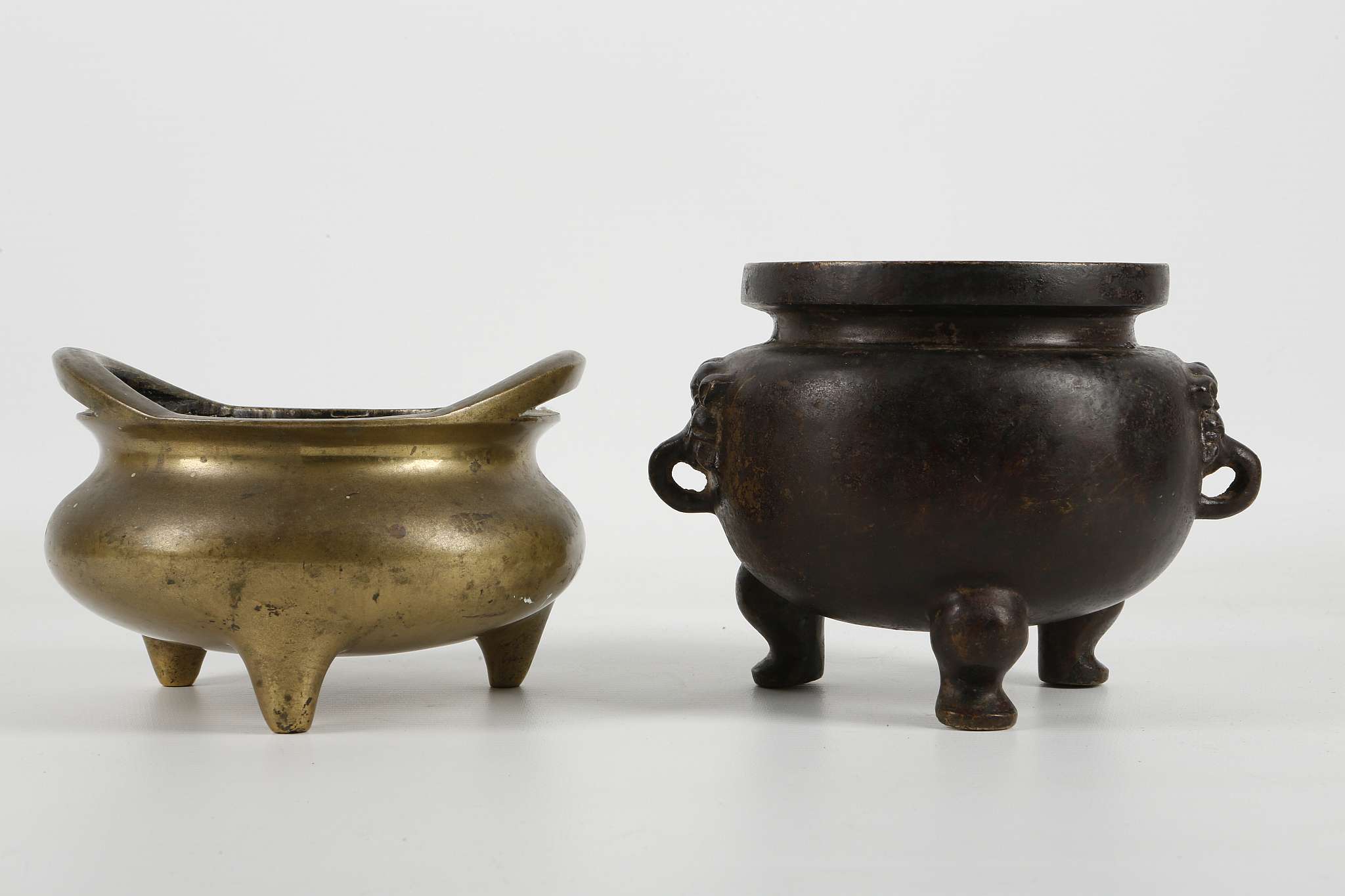 TWO CHINESE BRONZE CENSERS. Late Qing. Comprising a loop handled bronze with Xuande mark, together - Image 3 of 12