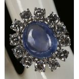CAB, sapphire and diamond cluster ring set in 18ct white gold