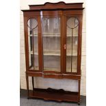 An Edwardian display cabinet; double doors flanking serpentine glass panel, mahogany frame with