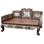 A CHINESE HARDWOOD MOTHER OF PEARL AND MARBLE INLAID DAYBED, LUOHAN CHUANG. Late Qing. The back