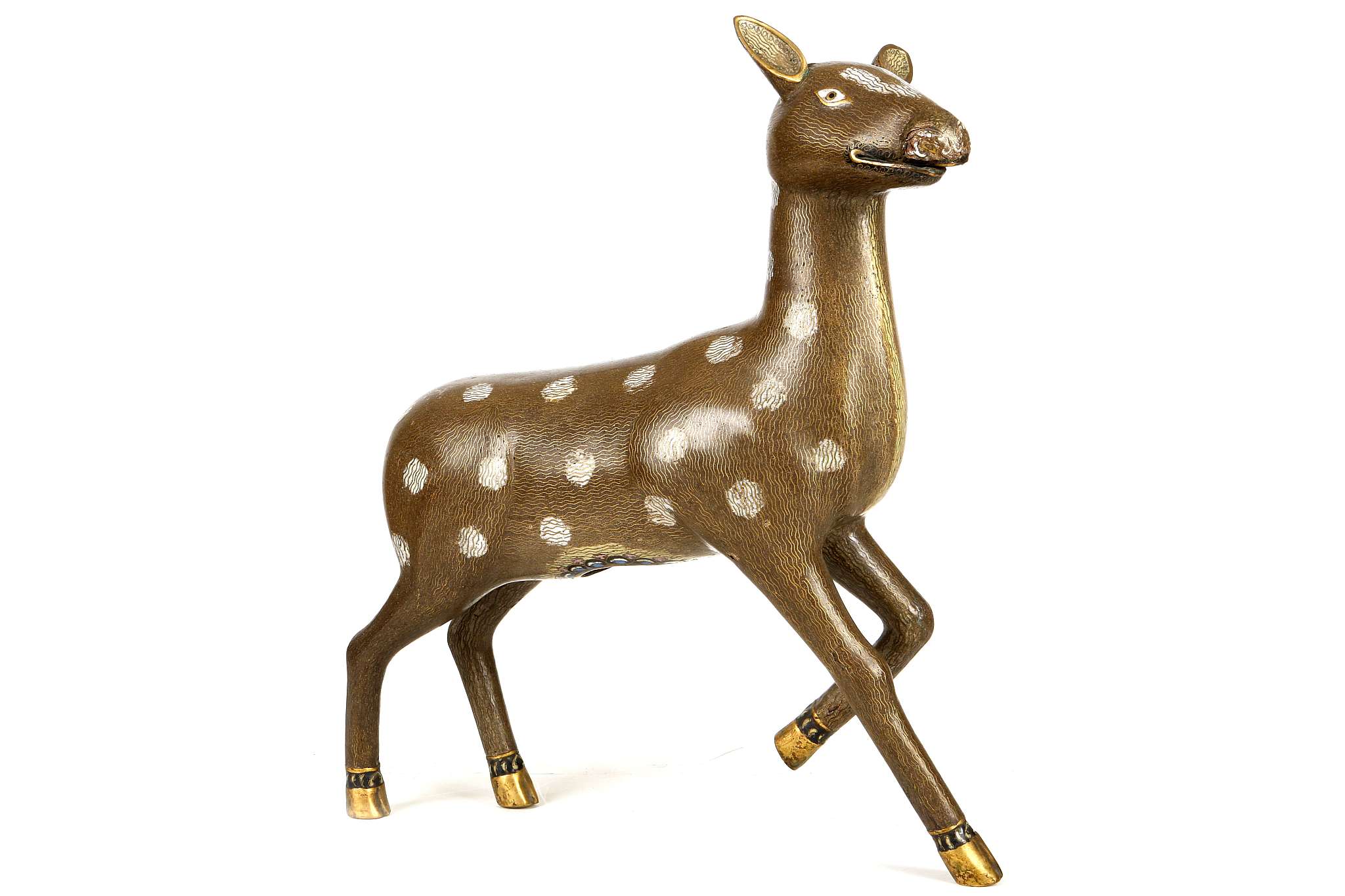 A CHINESE CLOISONNÉ ENAMEL DEER.  Qing Dynasty, second half of 18th Century.  Naturalistically