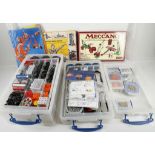 3 Plastic boxes of Meccano for making a dockside crane, sold together with a boxed set of special