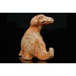 A PAINTED POTTERY HOUND.  Yuan Dynasty.  Modelled with the head looking over the right shoulder,